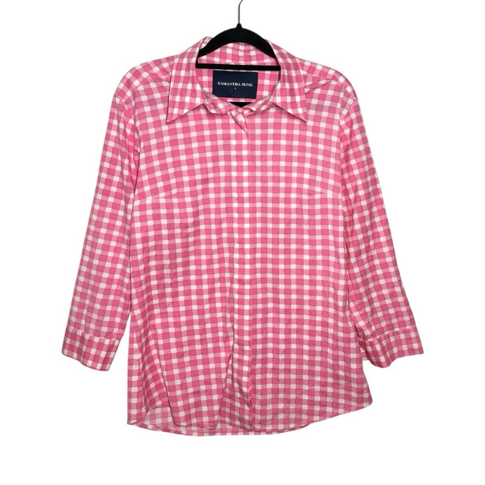 Samantha Sung Pink White Gingham Check Preppy Spring Summer Button Up Shirt - 4